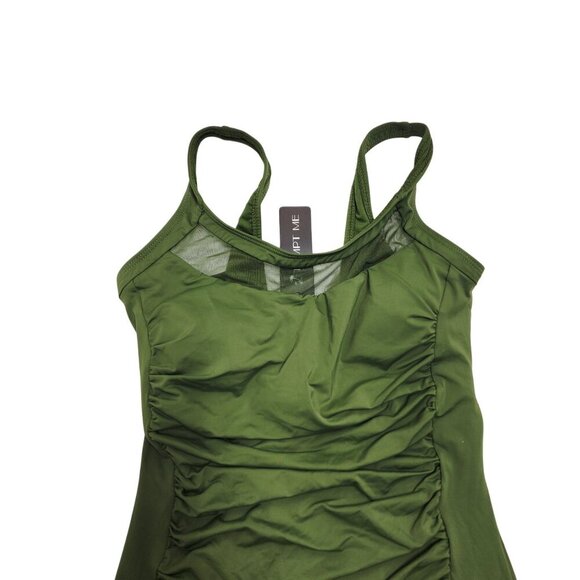 Green One-Piece Ruched Swimsuit  Mesh Inserts By Tempt Me Size S Womens - Picture 4 of 7